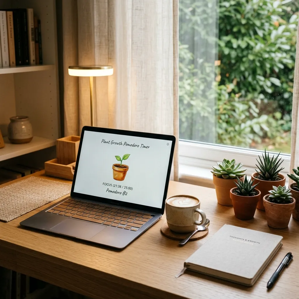 Minimalist desktop setup with clean workspace, laptop, and plant study timer showing Pomodoro cycles